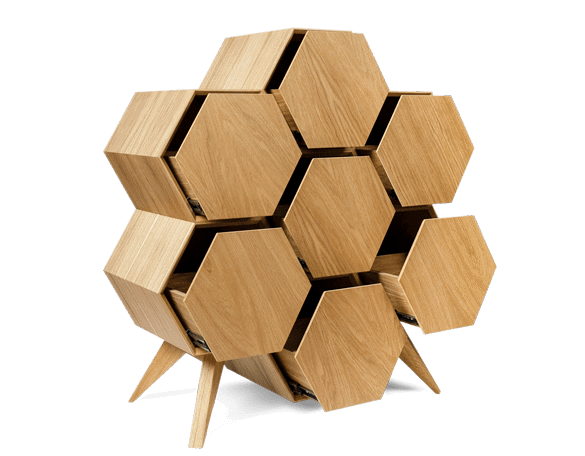 Moderner Holz-Organizer mit sechseckigen Fächern für Ordnung und Stil.