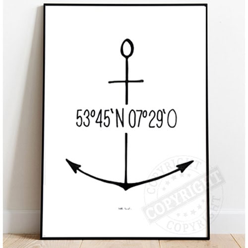 Anker mit Koordinaten 53°45'N 07°29'O, minimalistisches Wandbild, maritime Dekoration, nautischer St.