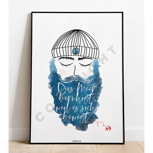 Inspiratives Kunstposter mit Meeresthema und Zitat in Blau und Schwarz, modernem Design.