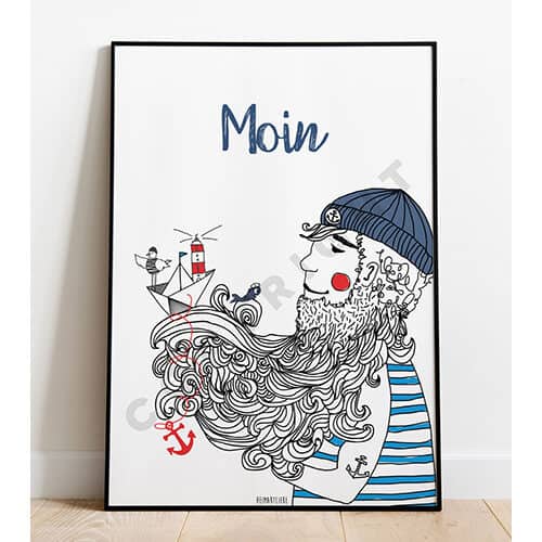 Ein nautischer Mann mit Bart und Matrosenmütze, umgeben von Meeresmotiven und Anker, im modernen Ill.