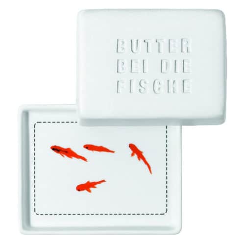 Butterdose mit Fischmotiven, stilvoll und modern, ideal für Fischliebhaber und Küchenaccessoires.