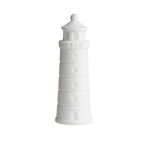 Heller weißer Leuchtturm aus Keramik, dekoratives Modell für maritime Dekorationen.