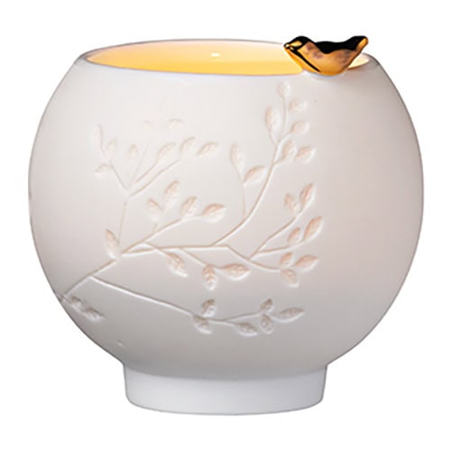 Elegante weiße Keramikvase mit Blumendekor und Vogel-Detail, handgefertigt, ideal für Dekorationen.