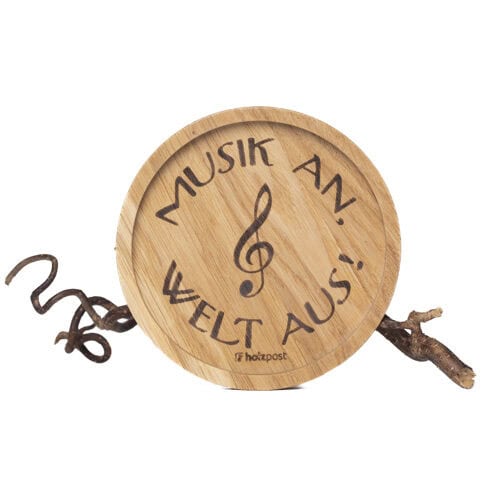 Musik auf Holzscheibe mit Schriftzug "Musik an, Welt aus" und Notenschlüssel, kreative Musikdekorati.