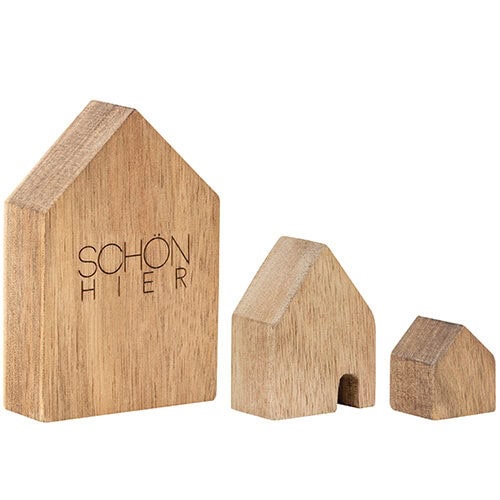 Schöne Holz-Häuser mit "Schön hier" Gravur, dekoratives Holzdeko für Zuhause.