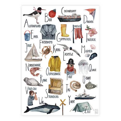 Illustration mit deutschen Begriffen für Meeres- und Naturthemen, Kinder und Tiere.