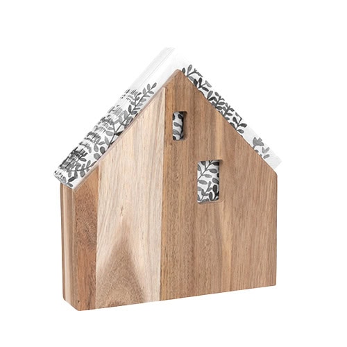 Häuserförmiges Holzdekor mit floralem Muster, modernes Design für Zuhause.