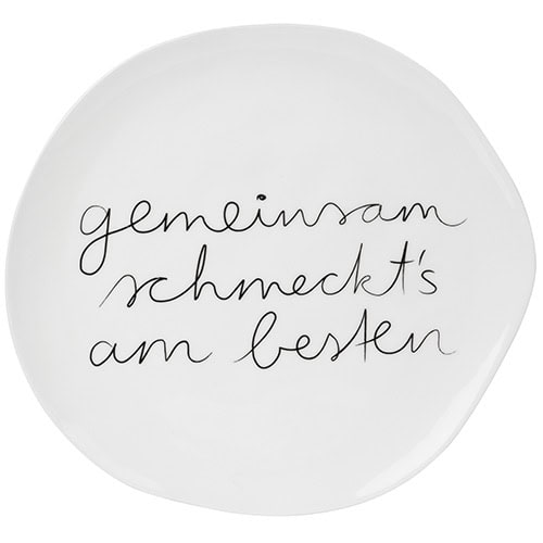Gemeinsam schmeckt's am besten - stilvolle weiße Keramikplatte mit handgeschriebenem Spruch.