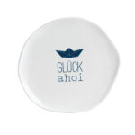 Glück Ahoi Porzellanplatte mit Schiff und Glückwunschmotiv, ideal für Geschenke und Dekorationen.