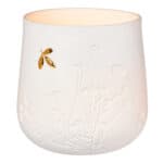 Hochwertige weiße Keramikvase mit goldener Biene und floralen Reliefs, elegantes Dekor für Zuhause.