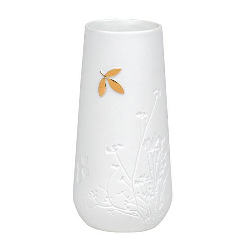 Hochwertige weiße Keramikvase mit floralem Dekor und goldenen Akzenten, elegantes Design für Blumena.