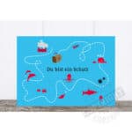 Ein Schatzsuche-Bild mit Meeresmotiven und dem Text "Du bist ein Schatz".