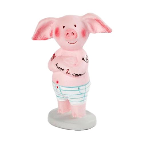 Hübscher rosa Schweinefigur mit Badehose, dekorativ und charmant.