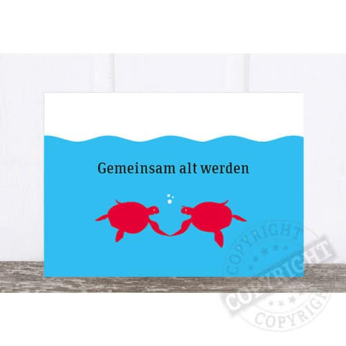 Gemeinsam alt werden, symbolisiert durch zwei rote Schildkröten, die sich die Flossen reichen.