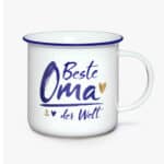 Hochwertige Emaille-Tasse mit "Beste Oma der Welt" in blauer Schrift und Herz- und Anker-Design. Per.