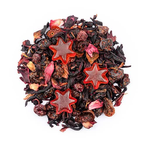 Tee mit Hibiskusblüten und Sternenförmigen Fruchtgummis, aromatisch und farbenfroh.