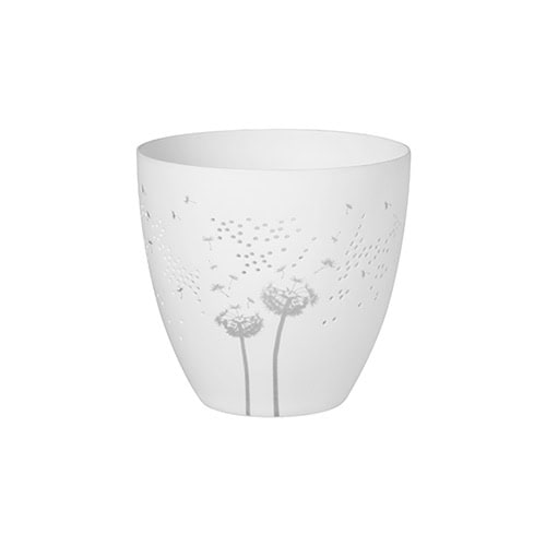 Blumentopf aus Keramik mit Löchern und Pusteblumen-Design, ideal für Garten oder Balkon.