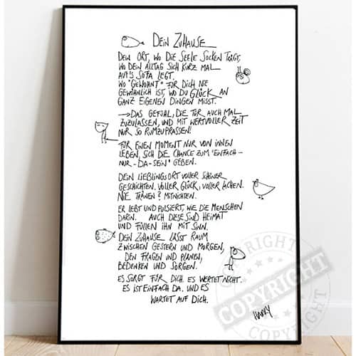 Der Ort, wo die Seele zuhause ist, mit liebevoller Hand geschriebenes Gedicht auf weißem Hintergrund.
