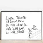 Einmalige handgeschriebene Botschaft über Träume und Wirklichkeit, mit lustigen Zeichnungen, auf wei.