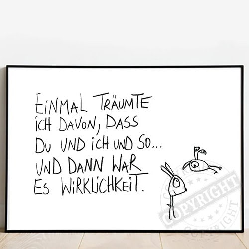 Einmalige handgeschriebene Botschaft über Träume und Wirklichkeit, mit lustigen Zeichnungen, auf wei.