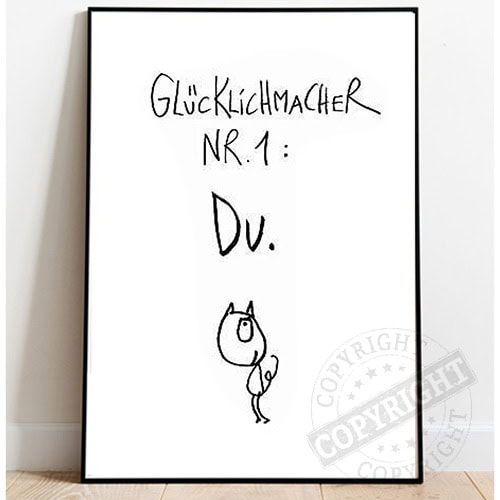 Glücklicher Spruch auf Whiteboard mit Katze, inspirierende Botschaft für positive Stimmung.