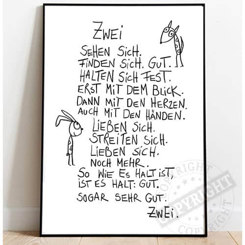 Handgeschriebene Zeichnung mit Spruch über Liebe und Streit, zwei Figuren.