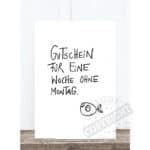 Ein Gutschein für eine Woche ohne Montag, humorvolle Karte mit Fischzeichnung, originelles Geschenk,.