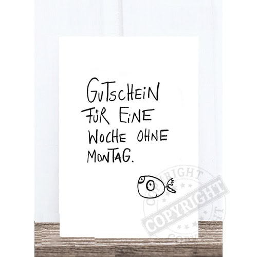 Ein Gutschein für eine Woche ohne Montag, humorvolle Karte mit Fischzeichnung, originelles Geschenk,.