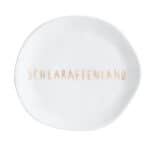 Hochwertiger weißer Teller mit "Schlaraffenland" Schriftzug in orange, handgefertigt, ideal für beso.