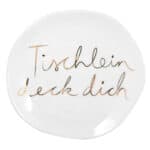 Elegantes weißes Teller mit handgeschriebener Botschaft "Tischlein deck dich" in Gold- und Schwarzsc.