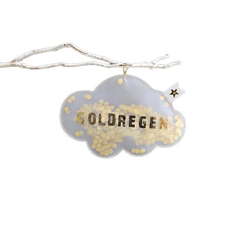Goldregen Dekoration mit Schriftzug "GOLDREGEN" in goldenen Buchstaben, an einem weißen Ast hängen.
