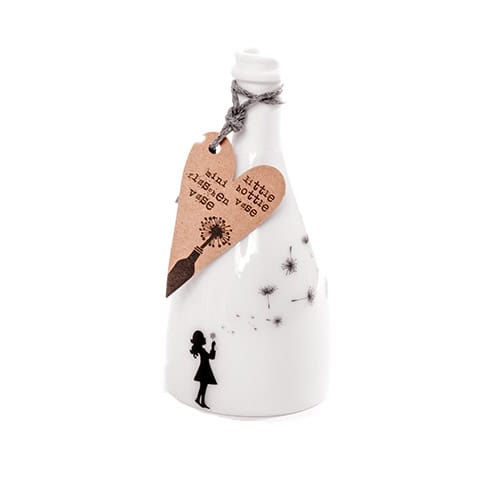 Einzigartige weiße Flasche mit Dandelion-Design und Mädchen-Silhouette, ideal für Geschenkideen und.