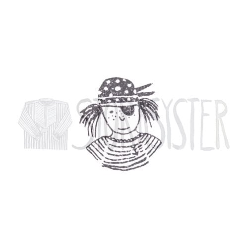 Ein Mädchen mit gestreiftem Pullover und Bandana, handgezeichnet, in Schwarz-Weiß.
