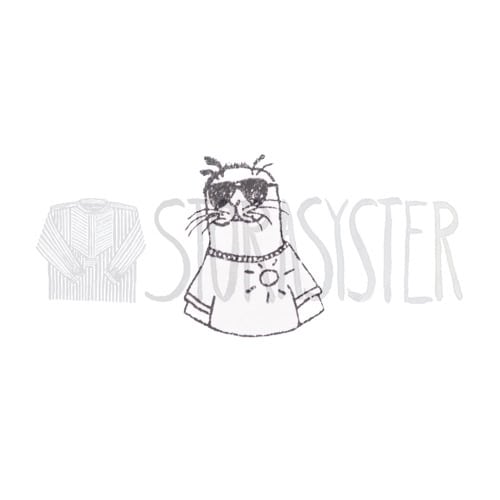 Schwarz-weiße Illustration einer Katze mit Sonnenbrille und T-Shirt, humorvoll und stilvoll.