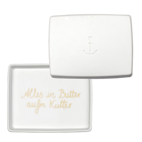 Elegante weiße Keramikdose mit Anker-Design und Goldschrift "Alles in Butter".
