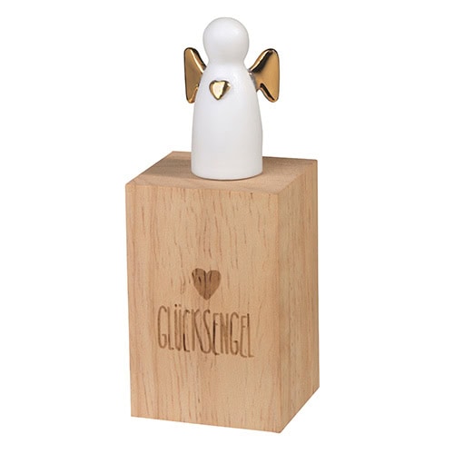 Hochwertiger Holzengel mit goldenen Flügeln und Herz, dekoratives Geschenk für besondere Anlässe.