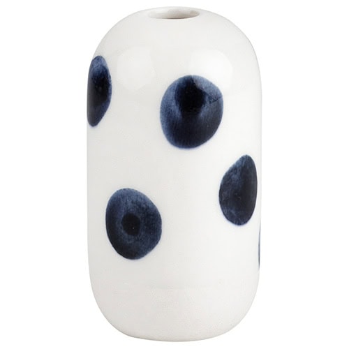 Hochwertige weiße Keramikvase mit blauen Punkten, modernes Design, handgefertigt, dekoratives Wohnac.