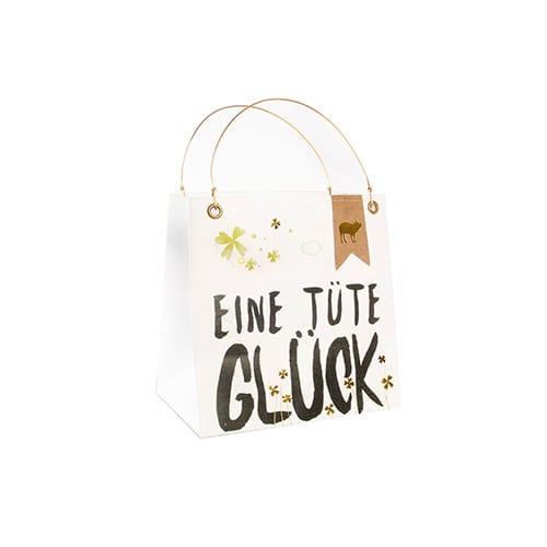 Einweg-Tragetasche mit "Eine Tüte Glück" Schriftzug und dekorativen Elementen, umweltfreundlich und.