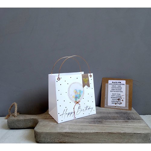 Hochwertige Geburtstagsgeschenktüte mit buntem Ballon-Design und Goldakzenten, perfekt für besondere.