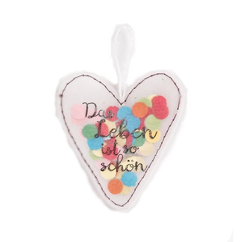 Das Herzanhänger mit bunten Konfetti und "Das Leben ist schön" Schriftzug, handgemacht, dekorativ, f.