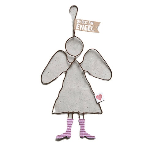 Engel Dekoration aus Metall mit "Du bist ein Engel" Schild und pink-gestreiften Schuhe.