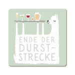 Lustiges Lama mit Getränken und Spruch "Ende der Durststrecke" auf hellgrünem Hintergrund.