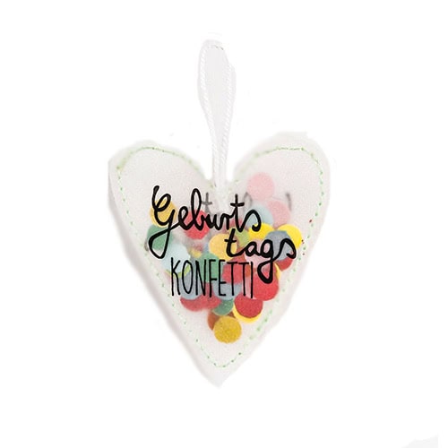 Buntes Herz mit Text "Geburtstags Konfetti" als Dekoration für Feierlichkeiten.