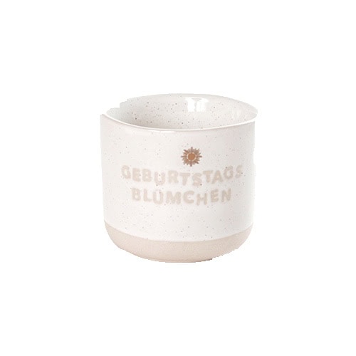 Gedeckter Keramikbecher mit "Geburtstagsblümchen" Schrift und Sonnenmotiv, ideal für Geburtstagsgesc.