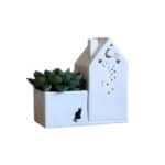 Häusliche Dekoration mit Katze und Pflanze, weiße Keramikvase, Nachtmotiv, stilvoller Wohnaccessoire.
