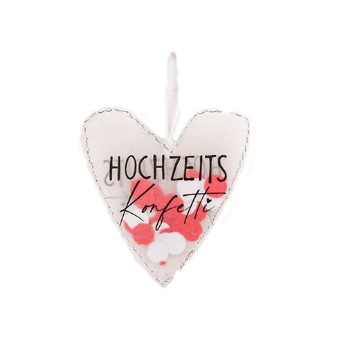Hochzeitskonfetti in Herzform mit roten und weißen Konfettis für romantische Hochzeitsdekorationen.