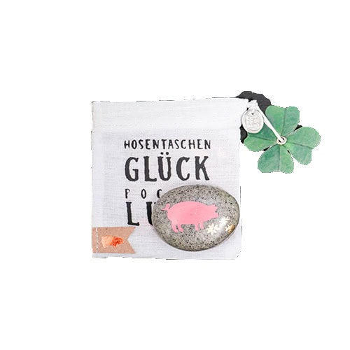Glücksmotiv Hosenbeutel mit Schweine-Design und vierblättrigem Kleeblatt, handgemacht, für Glücksbri.