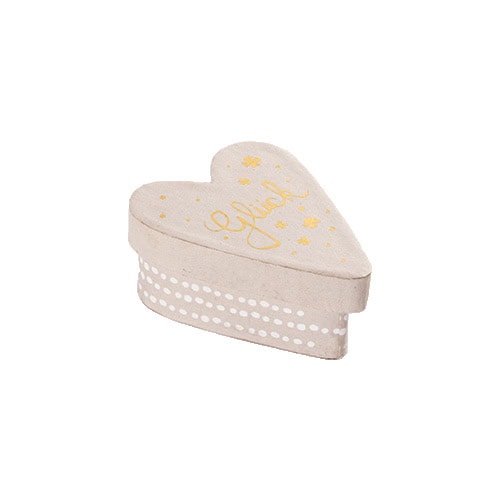 Herzförmige Geschenkbox mit "Glück" Schriftzug und goldenen Sternen, ideal für besondere Anlässe.