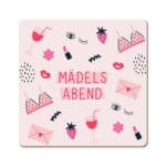 Elegantes Mädelsabend-Design mit Getränken, Lippenstift und Blumen für gesellige Frauenveranstaltung.
