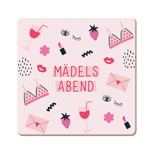 Elegantes Mädelsabend-Design mit Getränken, Lippenstift und Blumen für gesellige Frauenveranstaltung.